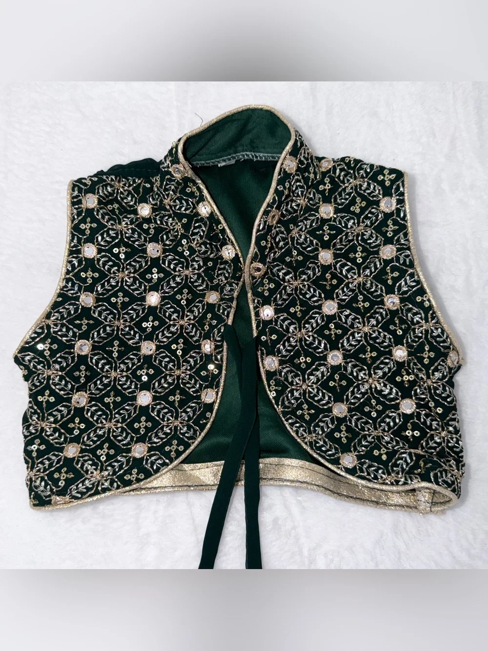 Girls Indian Choli Blouse Velvet Green Gold Embroidered Size 20 22” Chest Kids